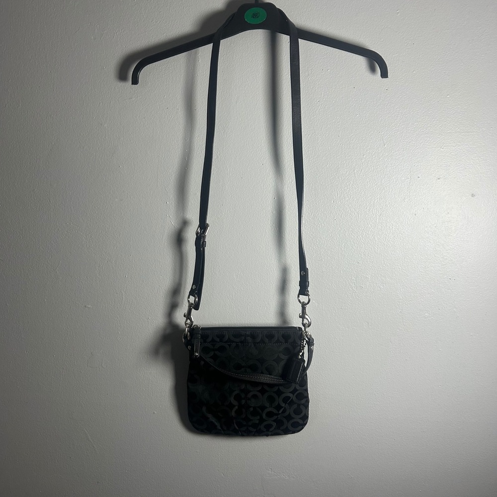 Coach Signature C Monogram Canvas‎ Leather Crossbody Bag Black Silver Hardware